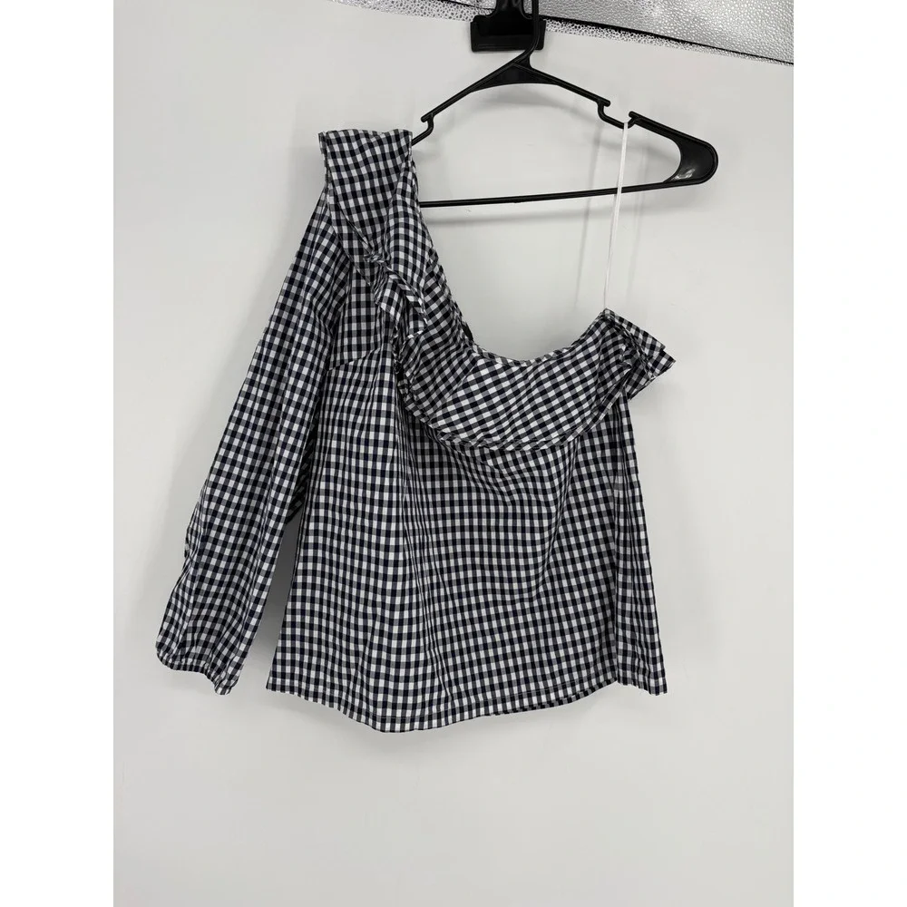 J. Crew Top Womens 14T Blue Gingham One Shoulder Ruffle Asymmetric Cotton